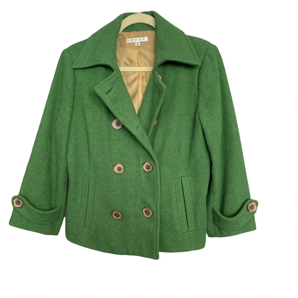 CAbi #659 Green Double- breasted Wool Blend Cropped Peacoat Size 8